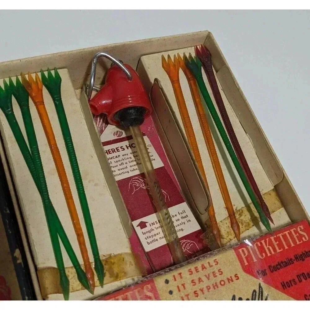 Vintage 1940s Drink Masters Delight Barware Set Swallow Pourer Soda Mizer Retro